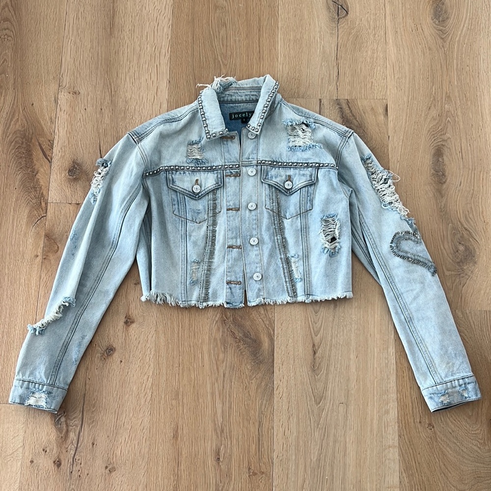 Cropped distressed studded Denim jacket